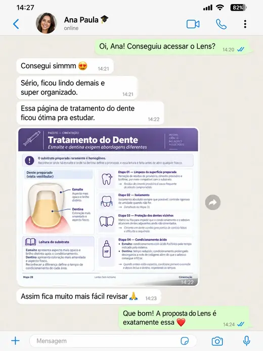 Conversa de WhatsApp com Ana Paula sobre o material Lentes Sem Achismo