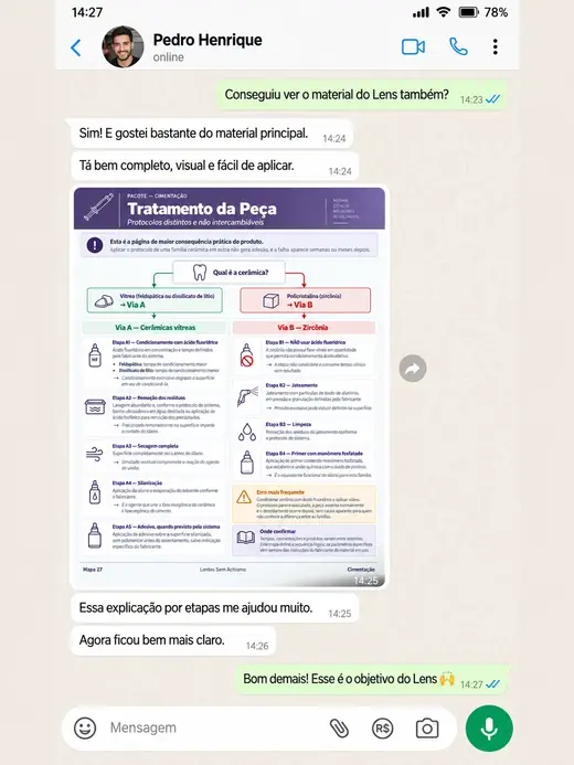 Conversa de WhatsApp com Pedro Henrique sobre o material Lentes Sem Achismo