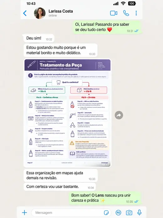 Conversa de WhatsApp com Larissa Costa sobre o material Lentes Sem Achismo